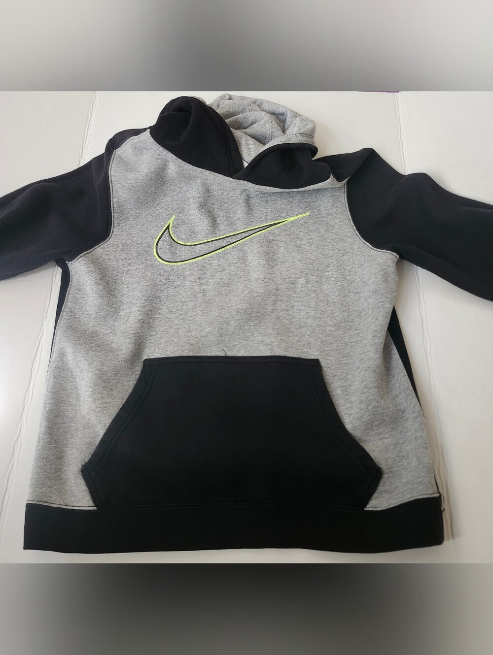 Nike Kids LARGE Gray & Black Hoodie with Neon Yellow Swoosh